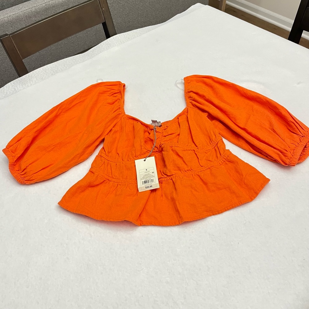 A New Day Vibrant Orange Gathered Top Linen size S